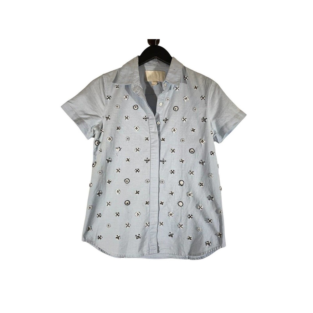 J Crew Collection Embellished Blue Oxford Beaded Shirt Two 2 FLAWS Collared Prep